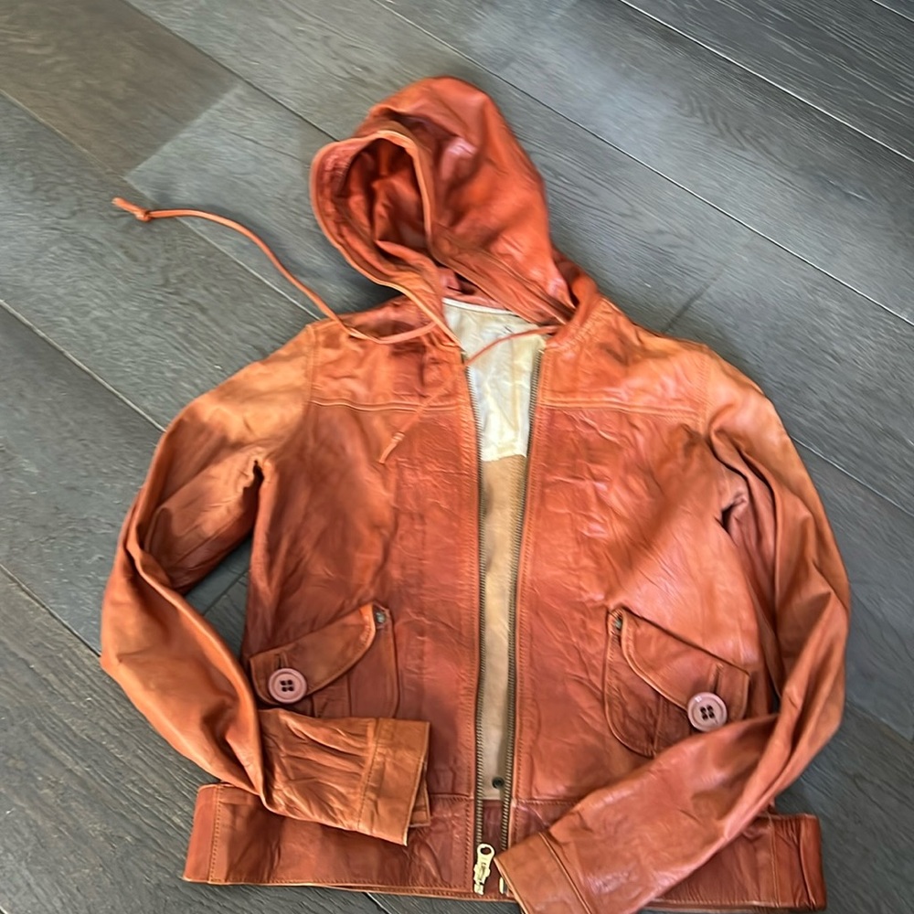 Mike & Chris Cognac Hooded Leather Jacket- Size M